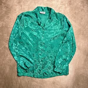 Vintage 80s Caribou Teal Green Floral Satin Blouse Puffy Sleeve Button Up Rococo
